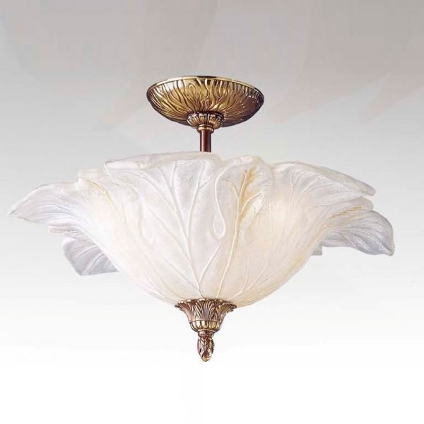 The Riperlamp Ninfa Ceiling Light features a traditional design with floral-inspired lampshade made of acid amber glass and bronze metal base with leaf motifs.