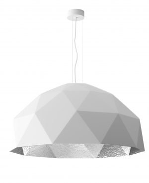 The Cleoni Ebro D pendant features a half spherical, triangle pattern. Made with resin in a white matt finish on the outside, and silver finish on the inside.