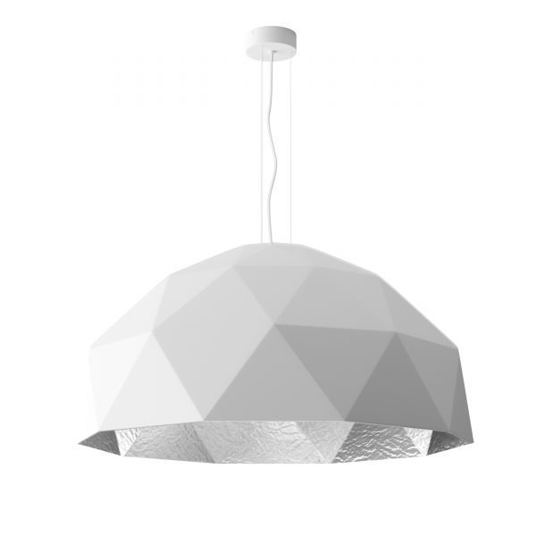 The Cleoni Ebro D pendant features a half spherical, triangle pattern. Made with resin in a white matt finish on the outside, and silver finish on the inside.