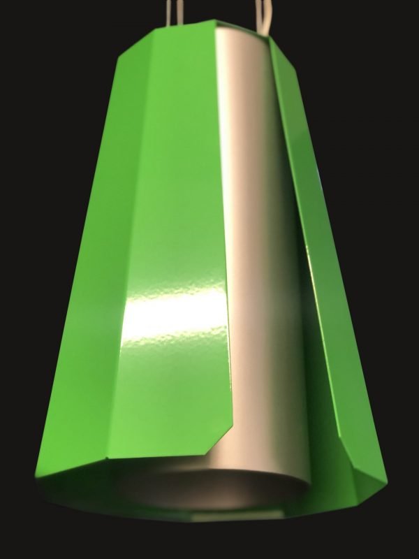A bottom view of the Cleoni Alamak Pendant in matt green and silver aluminium.
