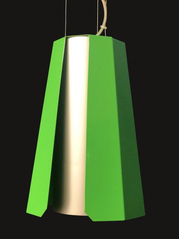 A front view of the Cleoni Alamak Pendant in matt green and silver aluminium.