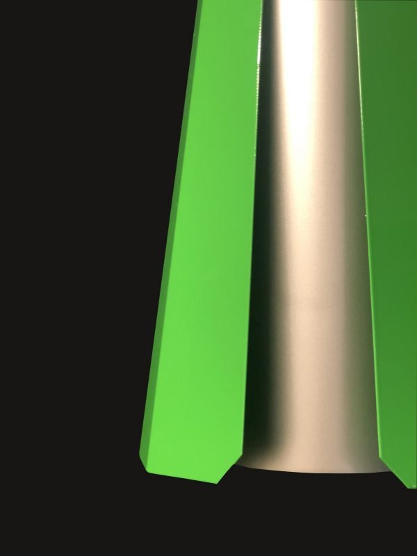 Close up of the Cleoni Alamak Pendant features an angular light finished in silver aluminium on the interior and matt green on the exterior.