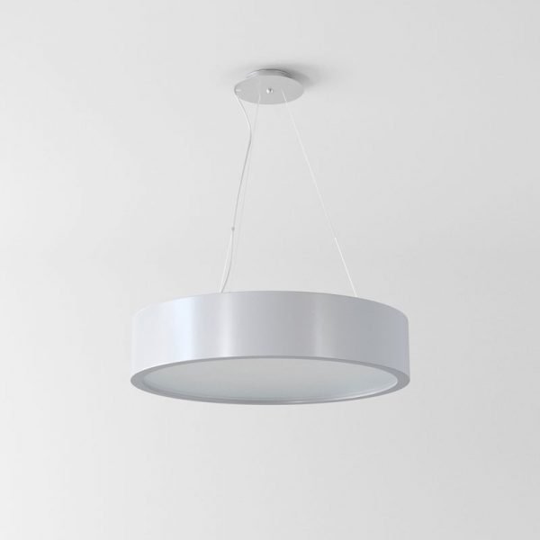 The Cleoni Omega Pendant is a circular pendant that features soft ambient lighting and a white, glossy finish.