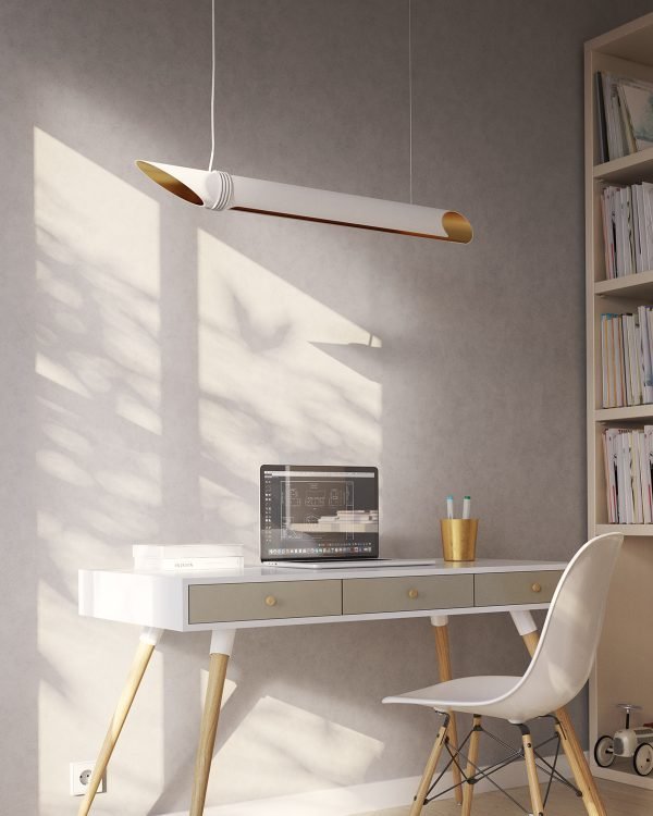 The Cleoni Lira Pendant, featuring a matt white aluminium exterior and gold interior finish suspended over an office desk.