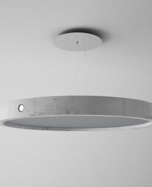 The Cleoni Omega Concrete Pendant is made from a special concrete which is identical in appearance, yet is 50% lighter. Features bidirectional ambient lighting. Shows the fitting in an 'off' state.