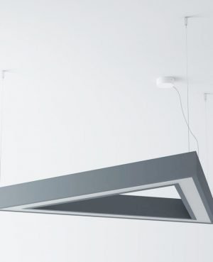 The Cleoni Perak Pendant features a modern, triangular design that provides down lighting.