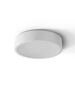 The Cleoni Omega ceiling light features a circular design, white glossy finish, and soft ambient lighting. Shows the light when it is switched off.