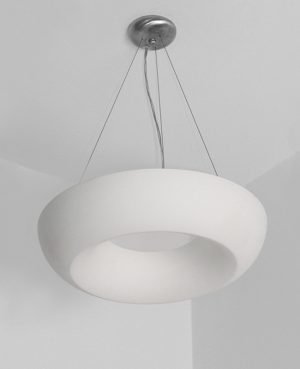 The Cleoni Roma I Pendant features a curved, circular design and glossy, white finish.