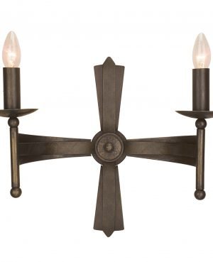 The Cromwell wall light from Elstead Lighting with two lampholders is made from heavy wrought iron finished in old bronze. It requires 2 x E14 lamps 220-240V, 50hz, and its dimensions are 50 × 19 × 42 cm.