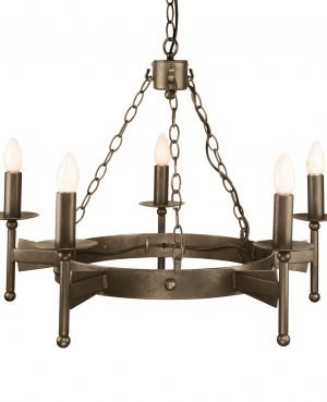 The Cromwell 5 light chandelier pendant made in heavy wrought iron and finished in old bronze. Requires 5 x E14 lamp holders. Dimensions are 70 × 28 × 71 cm.