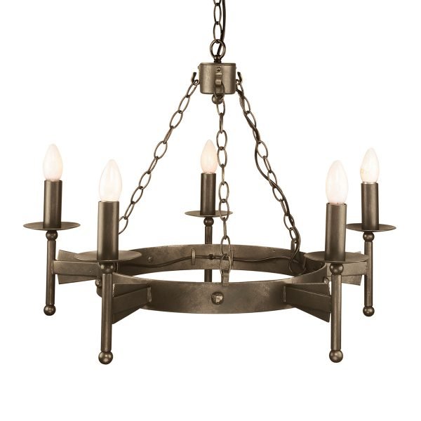 The Cromwell 5 light chandelier pendant made in heavy wrought iron and finished in old bronze. Requires 5 x E14 lamp holders. Dimensions are 70 × 28 × 71 cm.
