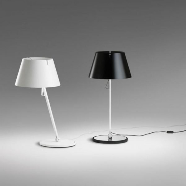 Two Vibia Gira Table Lights, with polymer and aluminium diffuser in white and black finishes. Requires 1 x E27 230V max. 60W or 1 x compact fluorescent E27 230V 11W max. Product dimensions (when product is upright) are ⌀30cm x 132cm H.