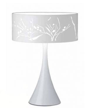 The Vibia Nature Table Lamp finished in white lacquer with decorative cut out light detailing inspired by nature. The lampshade measures ø 50cm x 18.3cm high and the entire lamp measures 63cm in overall height. It requires either 4 x E14 230V max 60W light source, or 4 x compact fluorescent E14 230V max 11W light sources.