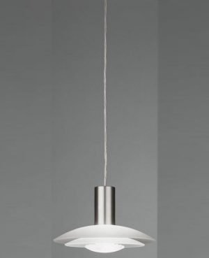 The Vibia Mini Lotto Pendant features two circular optical glass diffusers and matt nickel finished lamp holder. Requires a G9 230V 40W light source. Product dimensions are ⌀20cm (lamp) x ⌀12cm (canopy) x max. 200cm suspension.