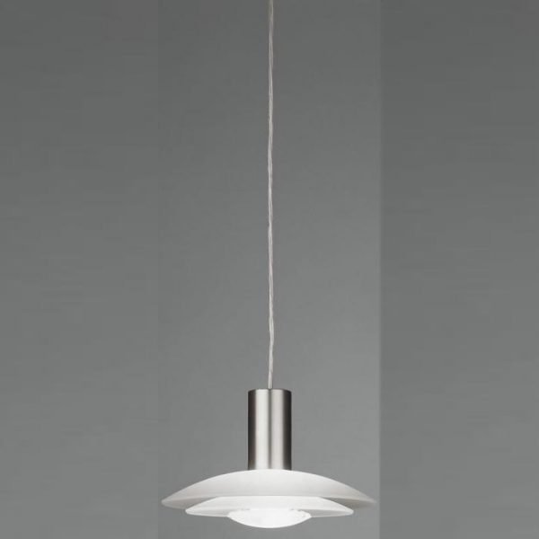 The Vibia Mini Lotto Pendant features two circular optical glass diffusers and matt nickel finished lamp holder. Requires a G9 230V 40W light source. Product dimensions are ⌀20cm (lamp) x ⌀12cm (canopy) x max. 200cm suspension.
