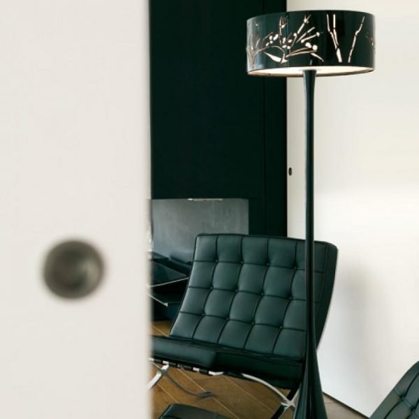 Vibia Nature floor lamp in black with decorative cut out light detailing inspired by nature. The lampshade measures ø 50cm x 18.3cm high and the entire lamp measures 160cm in overall height. It requires either 4 x E14 230V max 60W light source, or 4 x compact fluorescent E14 230V max 11W light sources.